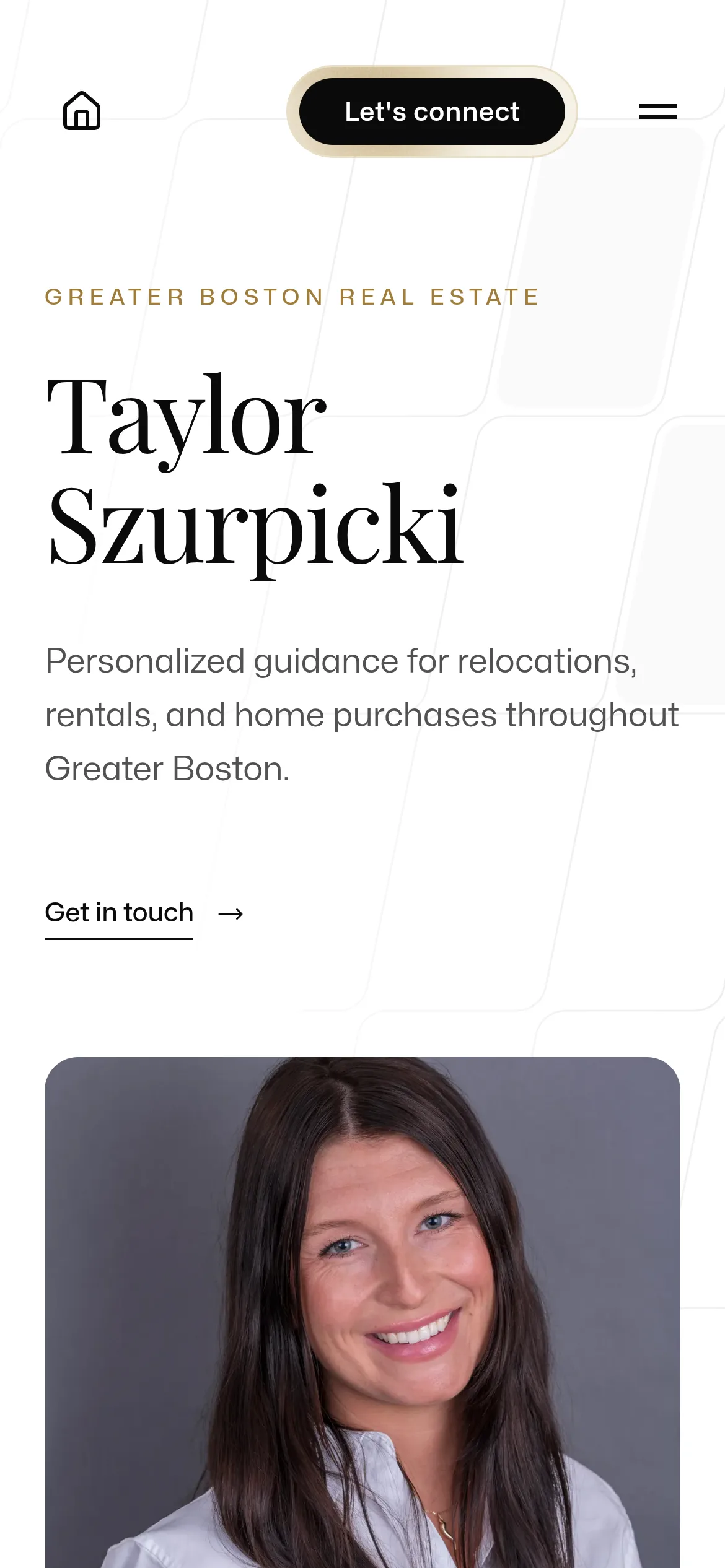 Move with Taylor homepage on a phone, with Taylor’s name, her Greater Boston services, and the Let’s connect button