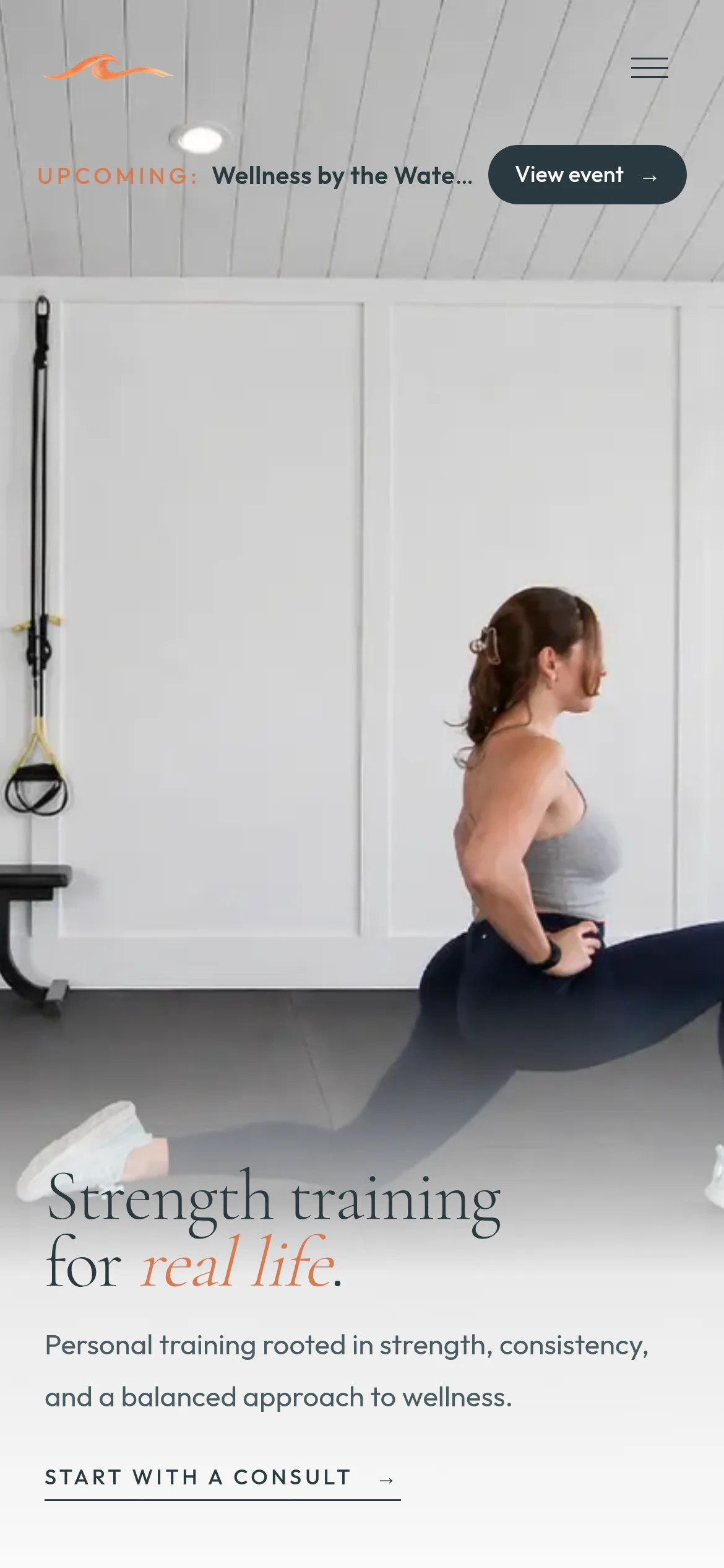 The Wellness Current homepage on a phone, with the strength training headline and the consult link
